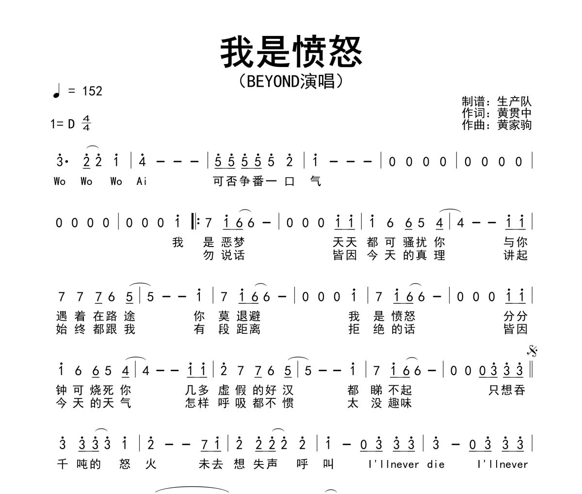 我是愤怒简谱 Beyond《我是愤怒》简谱D调