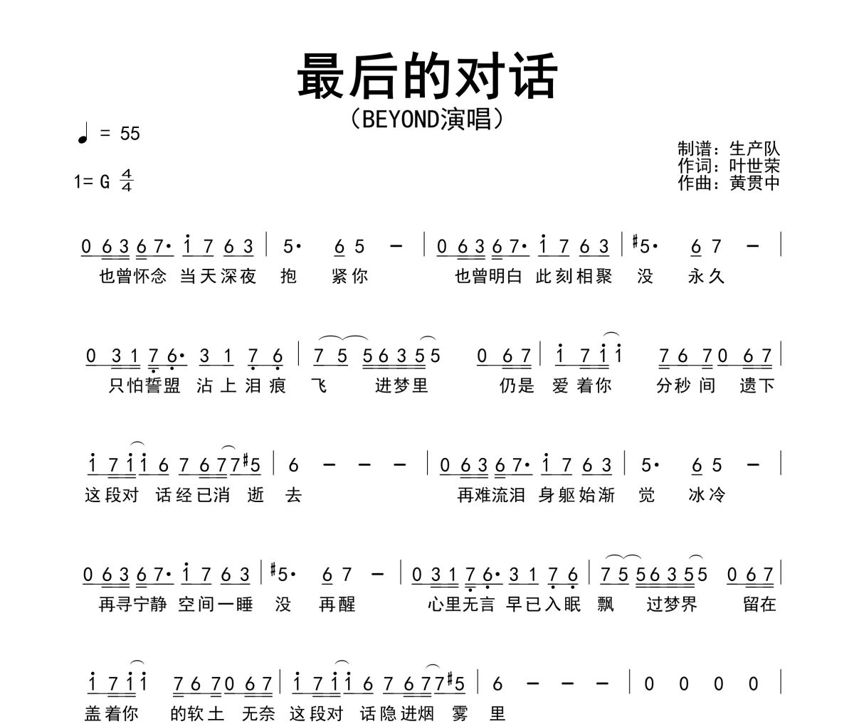 最后的对话简谱 Beyond《最后的对话》简谱G调