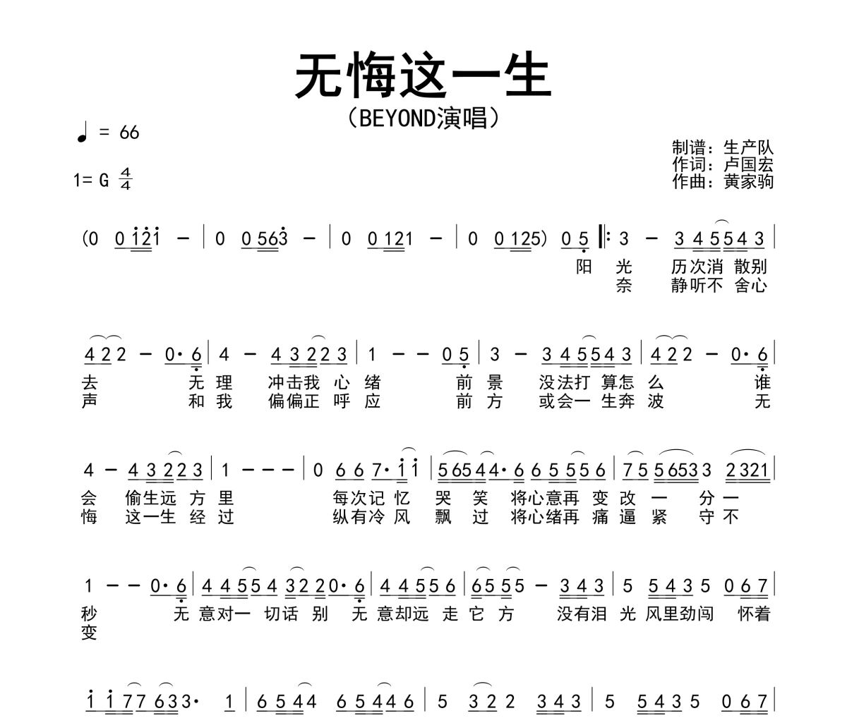 无悔这一生简谱 Beyond《无悔这一生》简谱G调