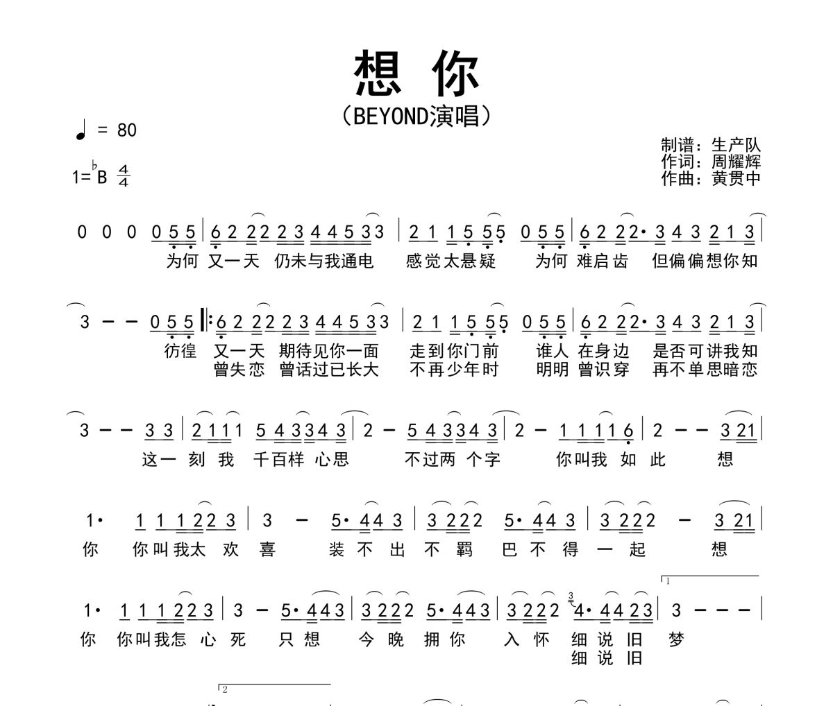 想你简谱 Beyond《想你》简谱降B调