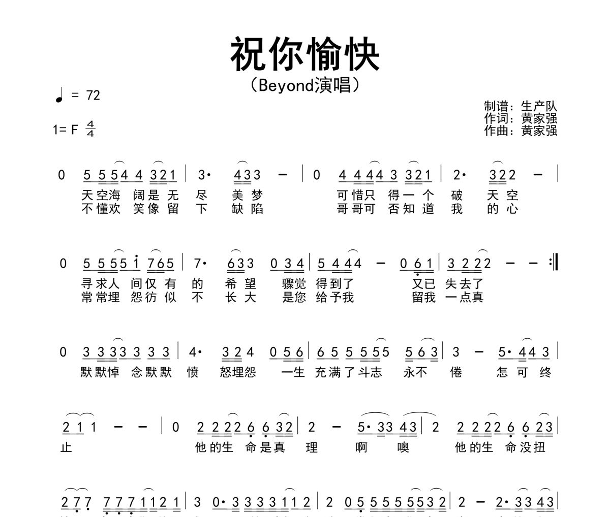 祝你愉快简谱 Beyond《祝你愉快》简谱F调