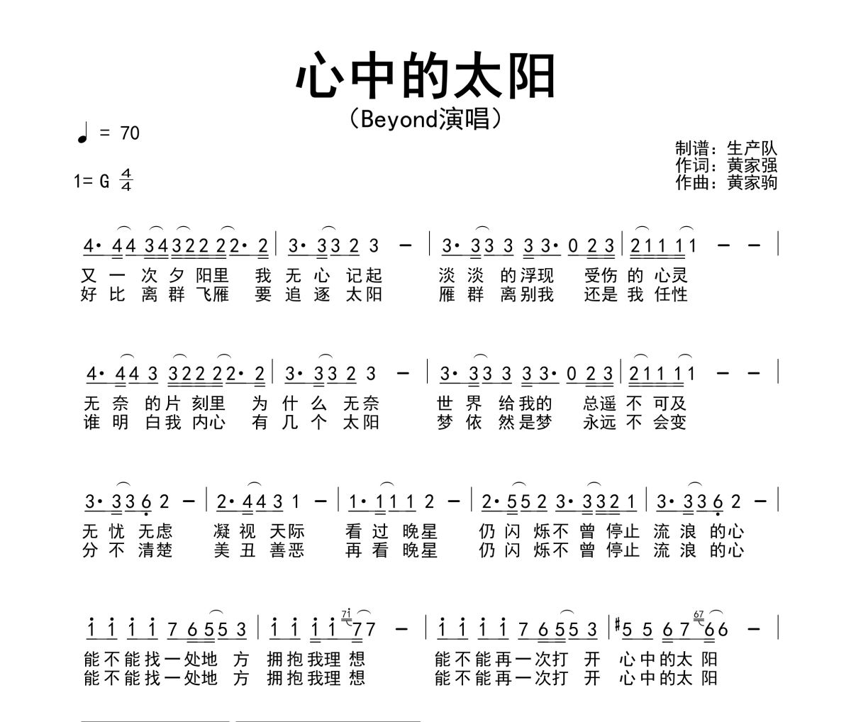 心中的太阳简谱 Beyond《心中的太阳》简谱G调