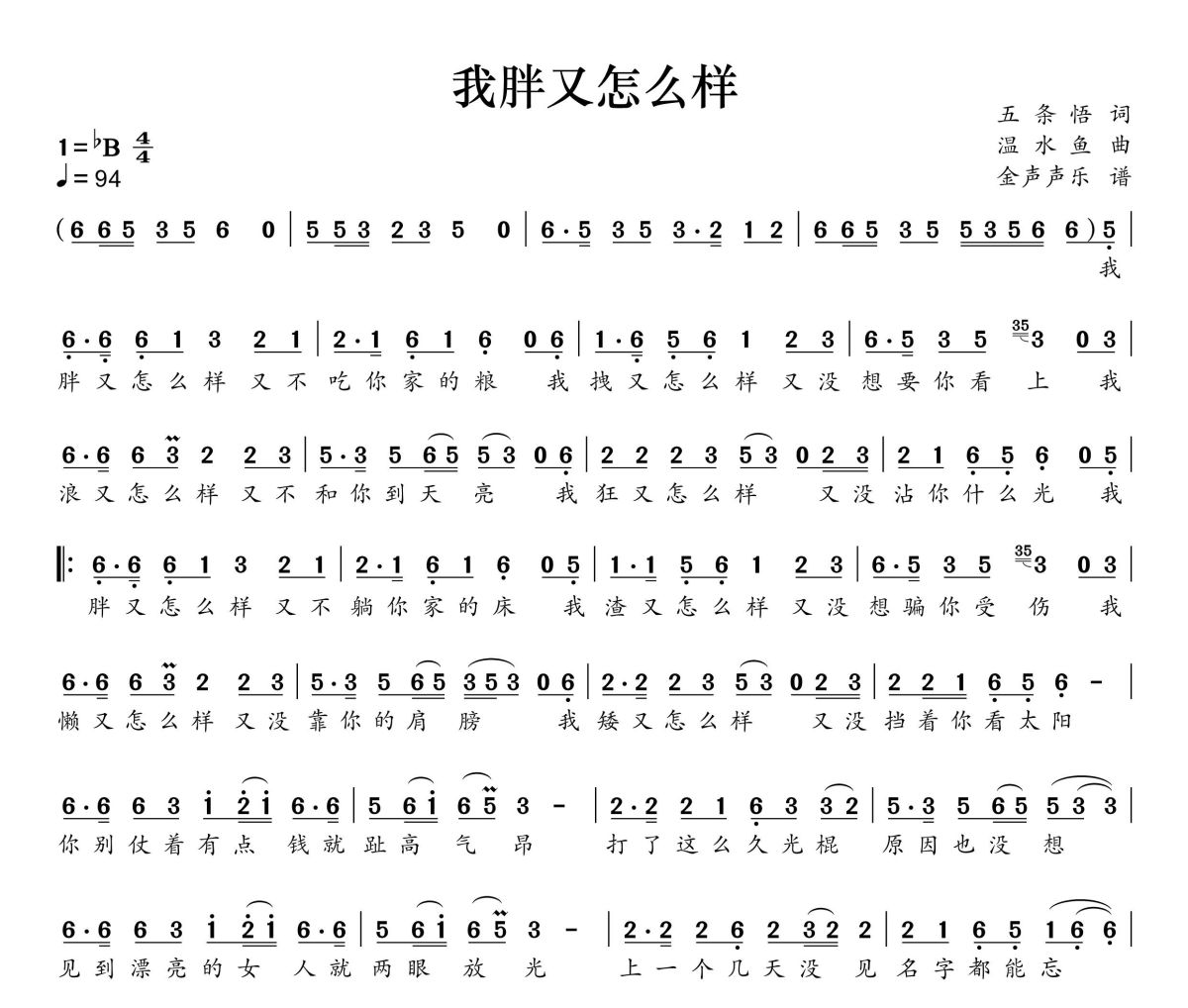 我胖又怎么样简谱 李发发《我胖又怎么样》简谱+动态视频降B调