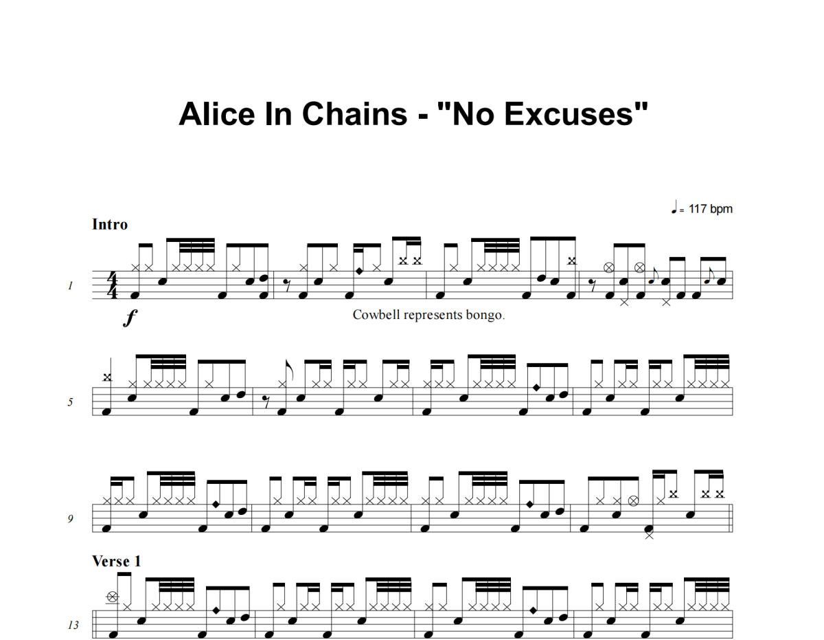 No Excuses鼓谱 Alice In Chains《No Excuses》架子鼓|爵士鼓|鼓谱