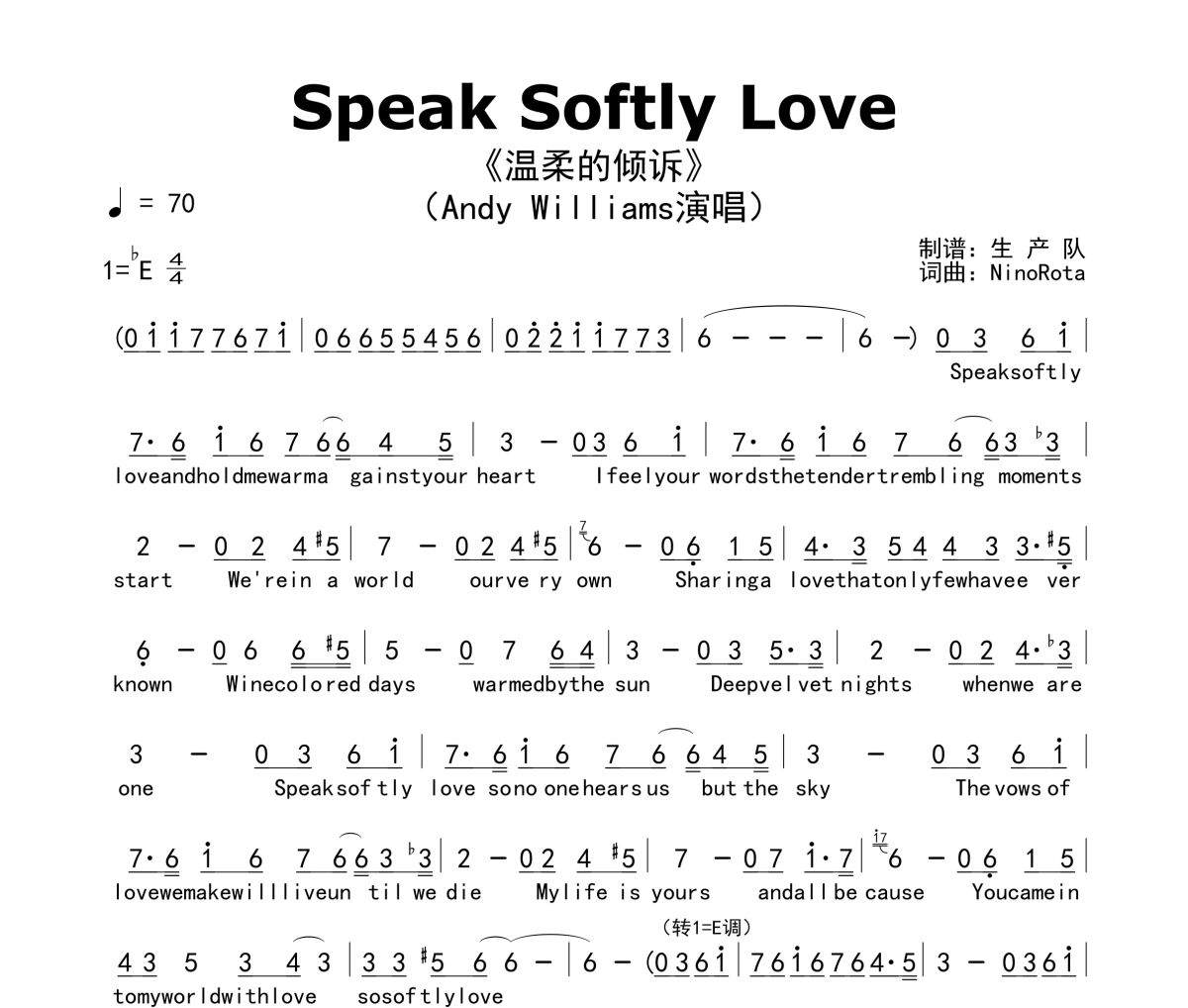 Speak Softly Love简谱 Andy Williams《Speak Softly Love》(温柔的倾诉)简