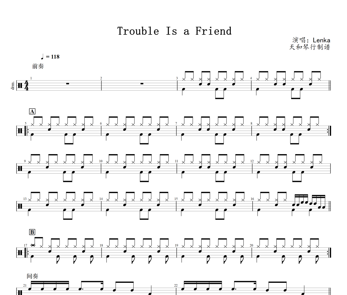Trouble Is a Friend鼓谱 Lenka-Trouble Is a Friend爵士鼓鼓谱