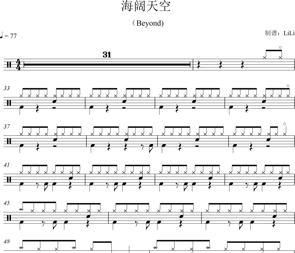 海阔天空鼓谱 Beyond-海阔天空架子鼓|爵士鼓|鼓谱+动态视频