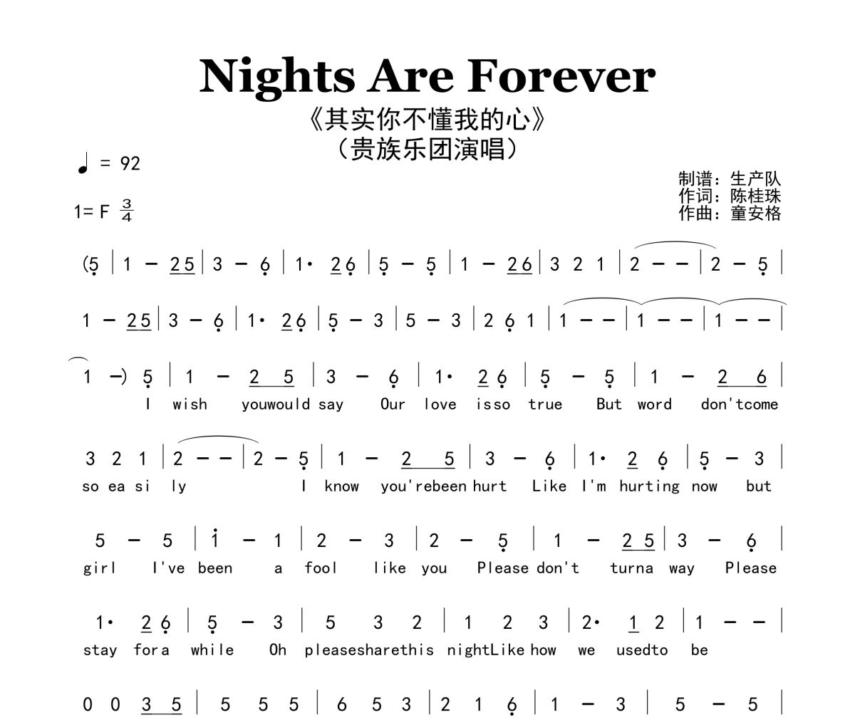 Nights Are Forever简谱 贵族乐团《Nights Are Forever》(其实你不懂我的心)简谱F调