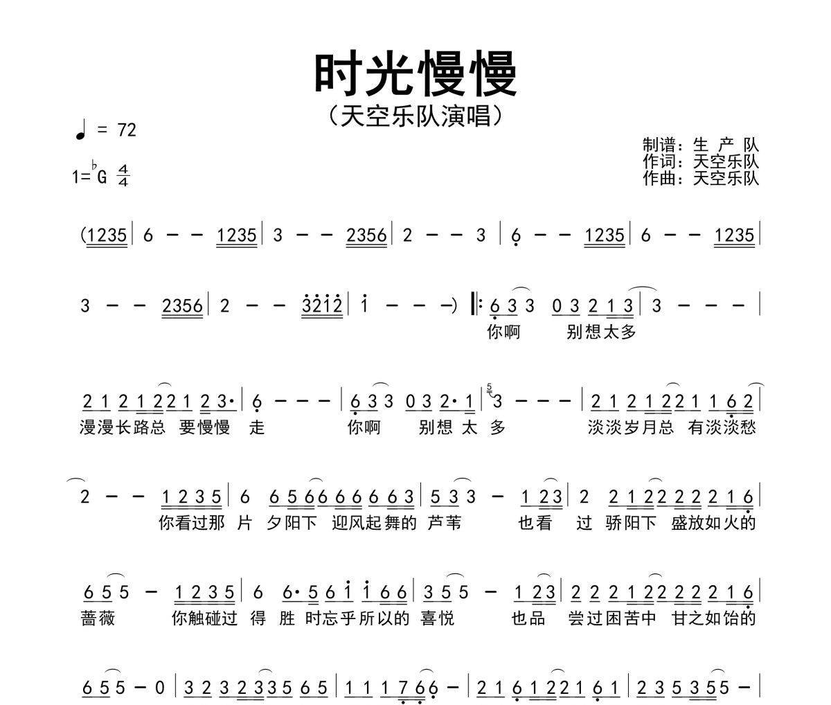 时光慢慢简谱 天空乐队《时光慢慢》简谱降G调