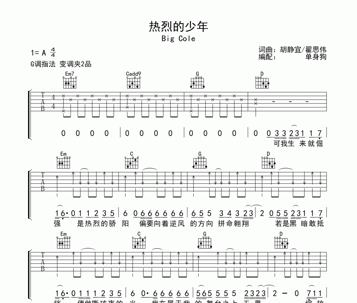 热烈的少年吉他谱 Big Cole-热烈的少年G调弹唱谱