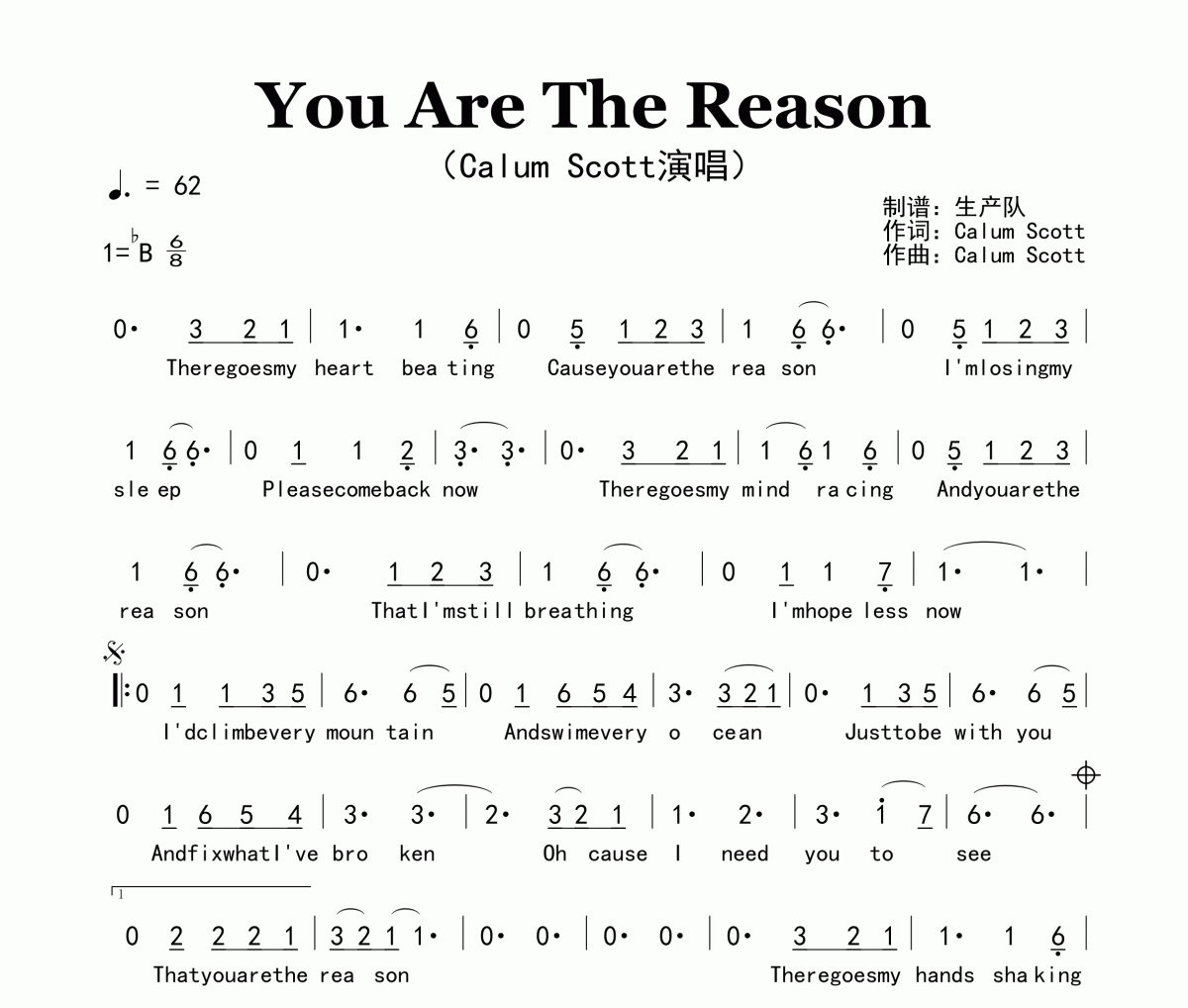 You Are The Reason简谱 Calum Scott《You Are The Reason》简谱降B调