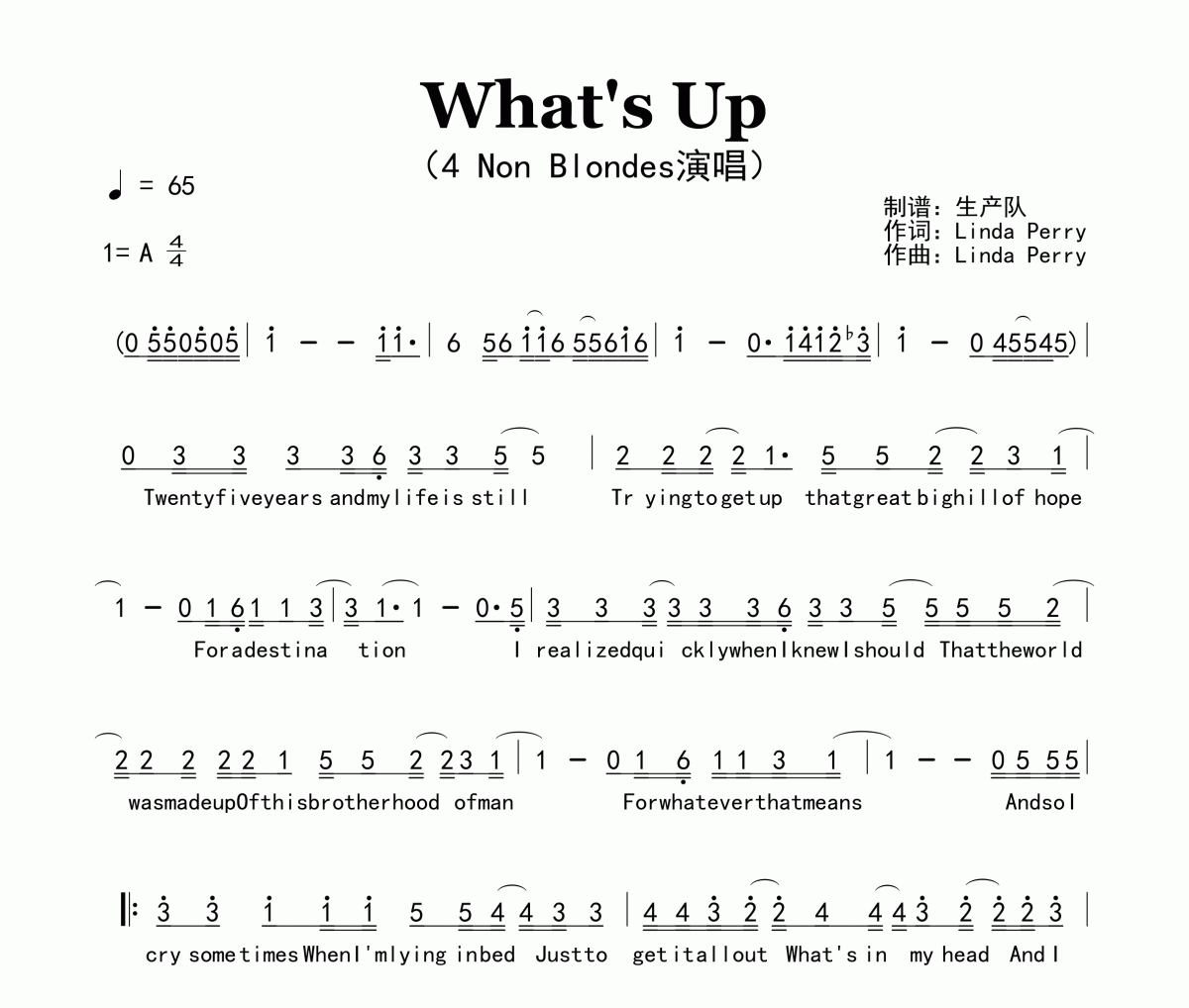 What's Up简谱 4 Non Blondes《What's Up》简谱A调