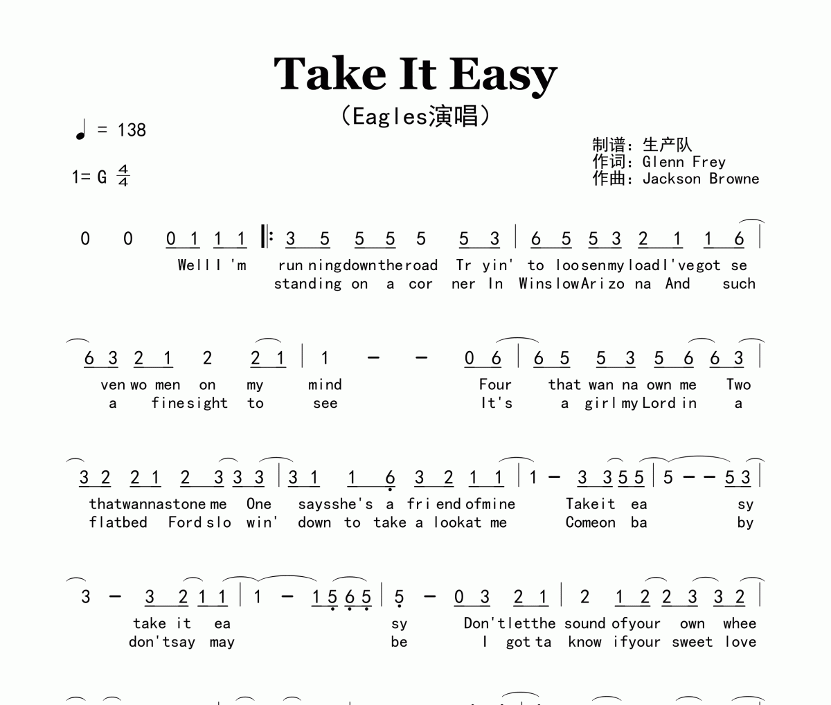 Take It Easy简谱 Eagles《Take It Easy》简谱G调