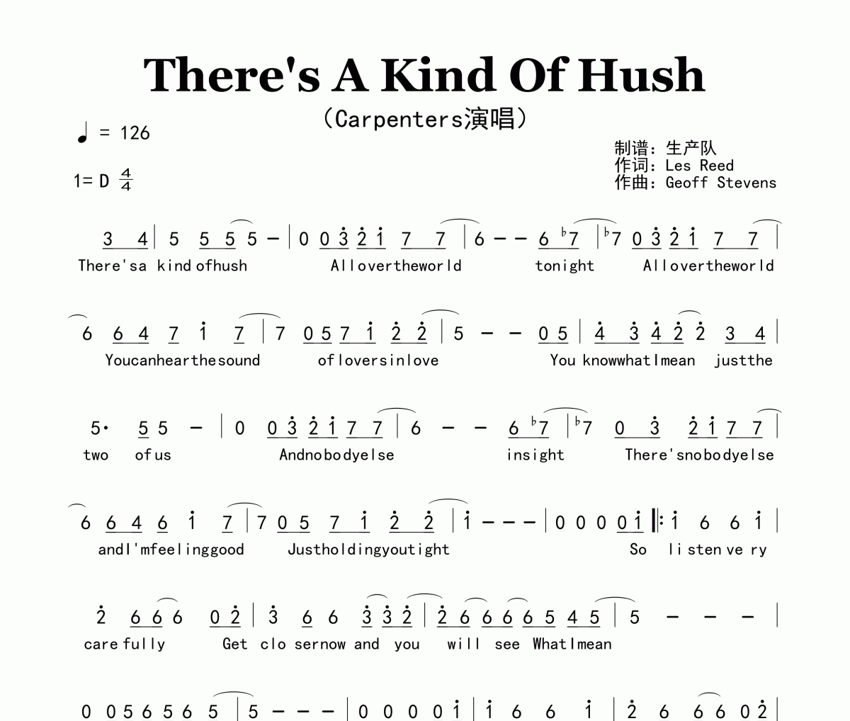 There's A Kind Of Hush简谱 Carpenters《There's A Kind Of Hush》简