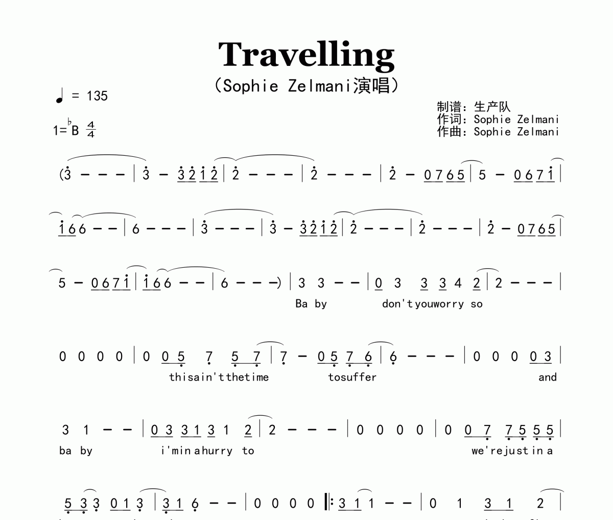 Travelling简谱 Sophie Zelmani《Travelling》简谱降B调