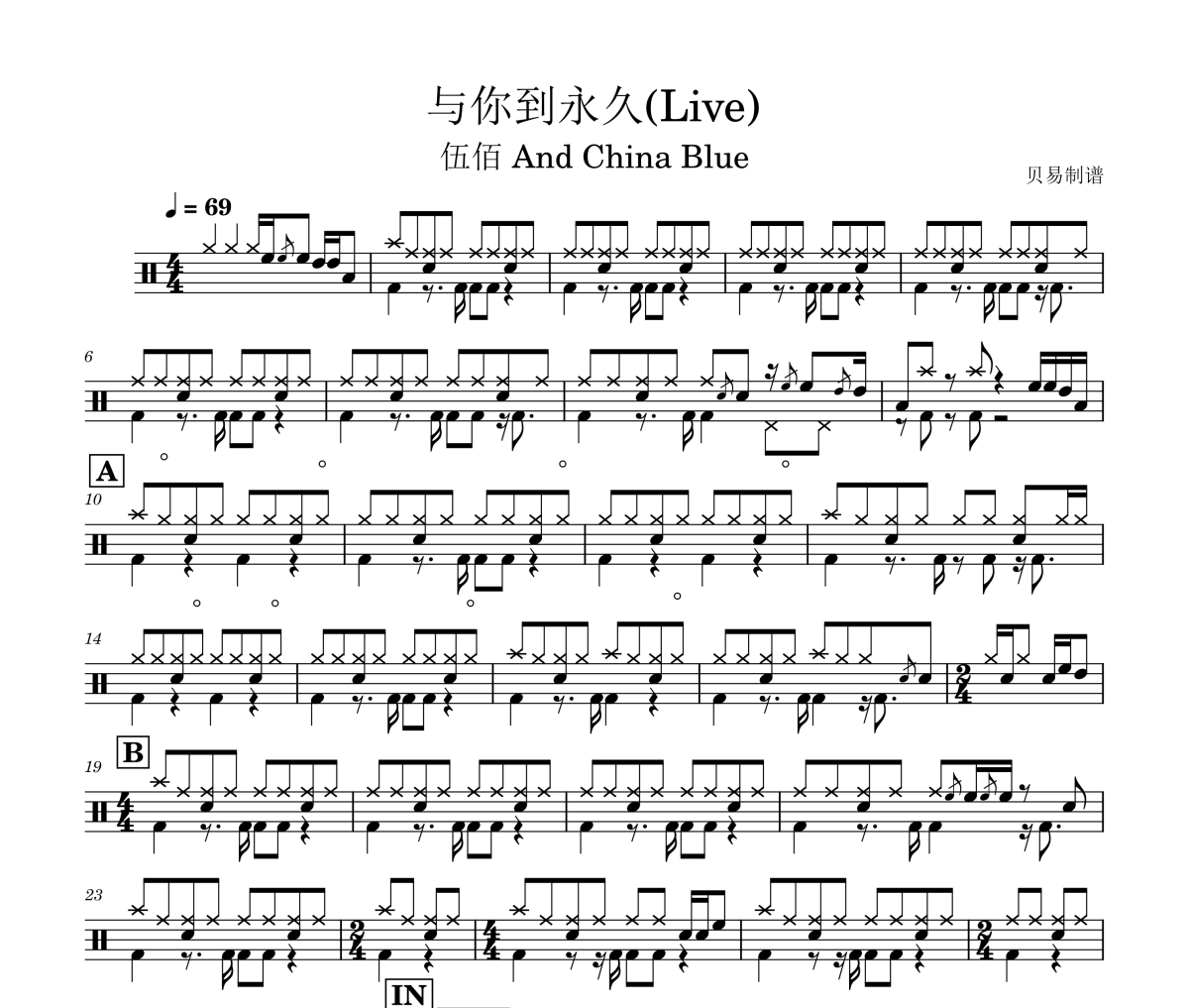 与你到永久鼓谱 伍佰 And China Blue-与你到永久(Live)架子鼓|爵士鼓|鼓谱