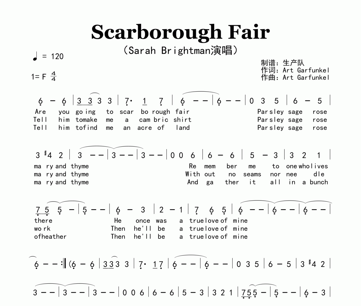 Scarborough Fair简谱 Sarah Brightman《Scarborough Fair》简谱F调