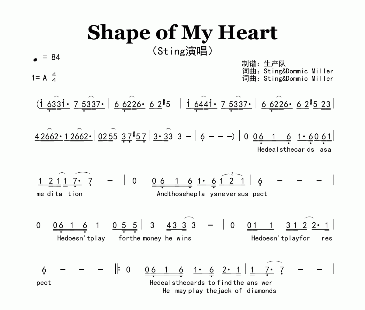 Shape of My Heart简谱 Sting《Shape of My Heart》简谱A调