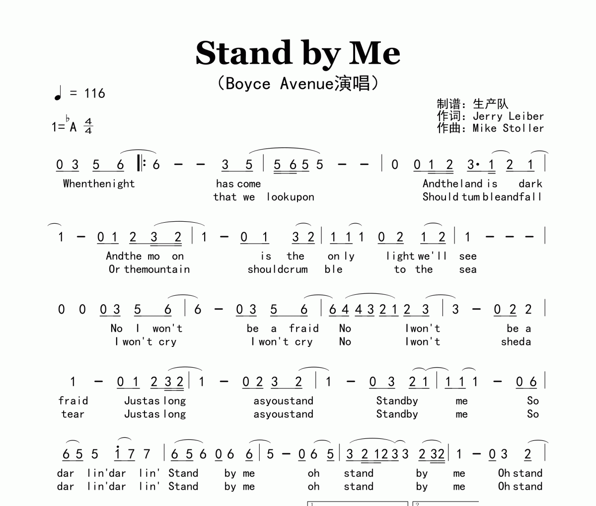 Stand by Me简谱 Boyce Avenue《Stand by Me》简谱降A调