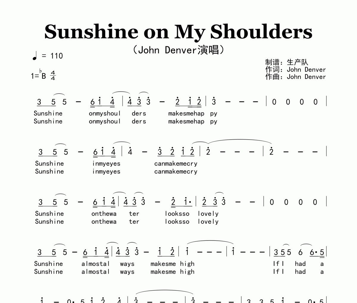 Sunshine on My Shoulders简谱 John Denver《Sunshine on My Should