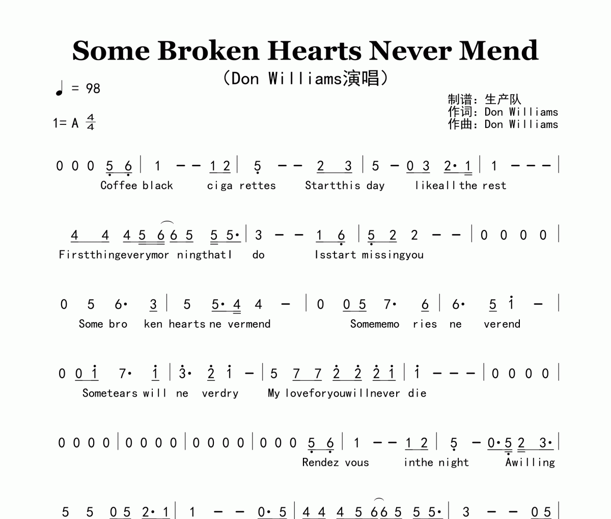 Some Broken Hearts Never Mend简谱 Don Williams《Some Broken Hea