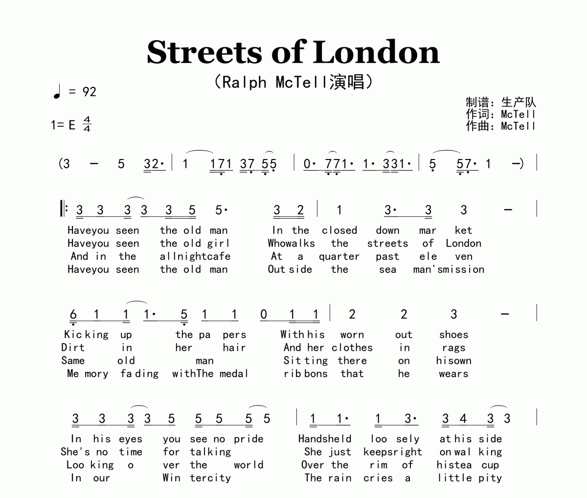 Streets of London简谱 Ralph McTell《Streets of London》简谱E调