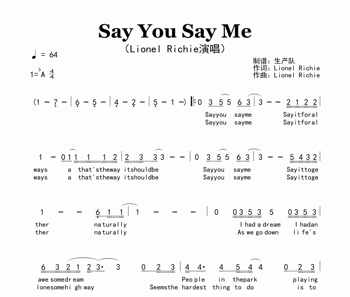 Say You, Say Me简谱 Lionel Richie《Say You, Say Me》简谱降A调