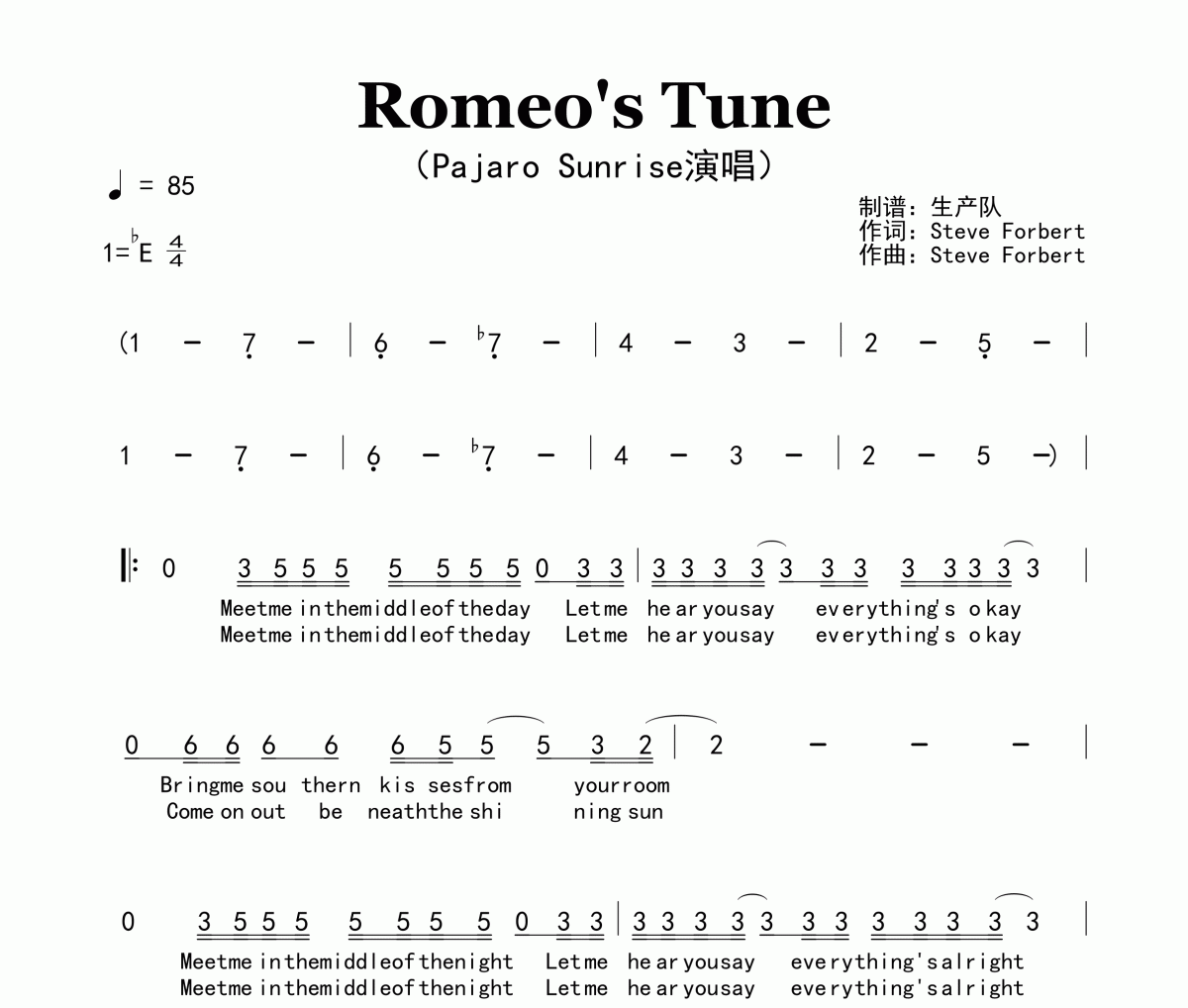 Romeo's Tune简谱 Pajaro Sunrise《Romeo's Tune》简谱降E调