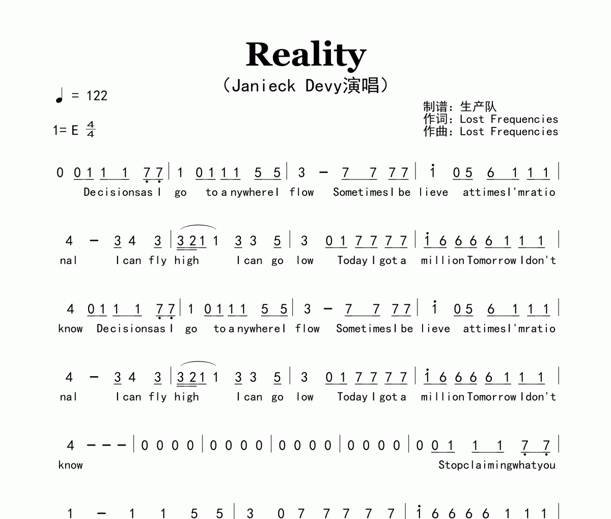 Reality简谱  Richard Sanderson《Reality》简谱E调