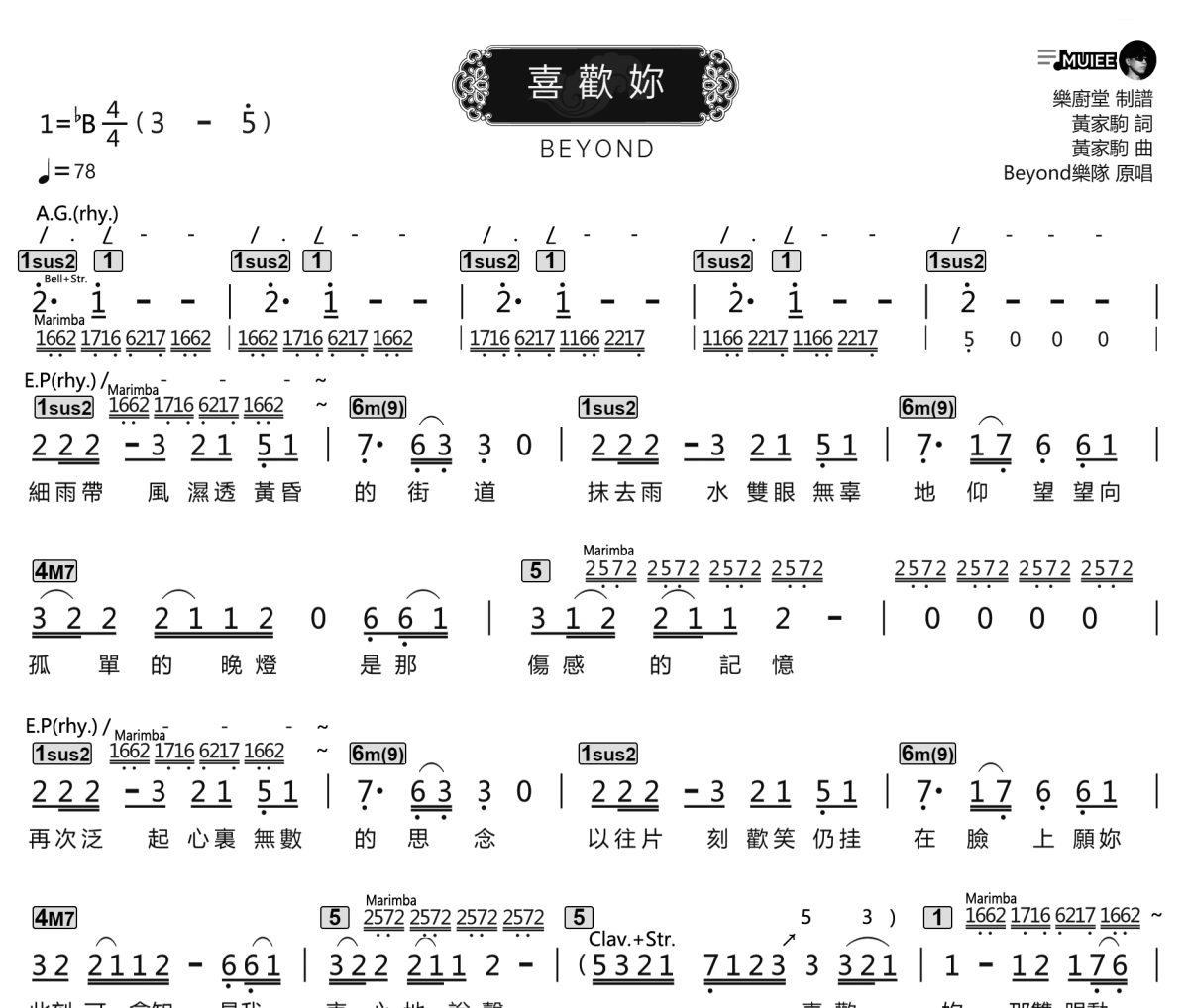 喜欢你简谱 BEYOND《喜欢你》简谱降B调