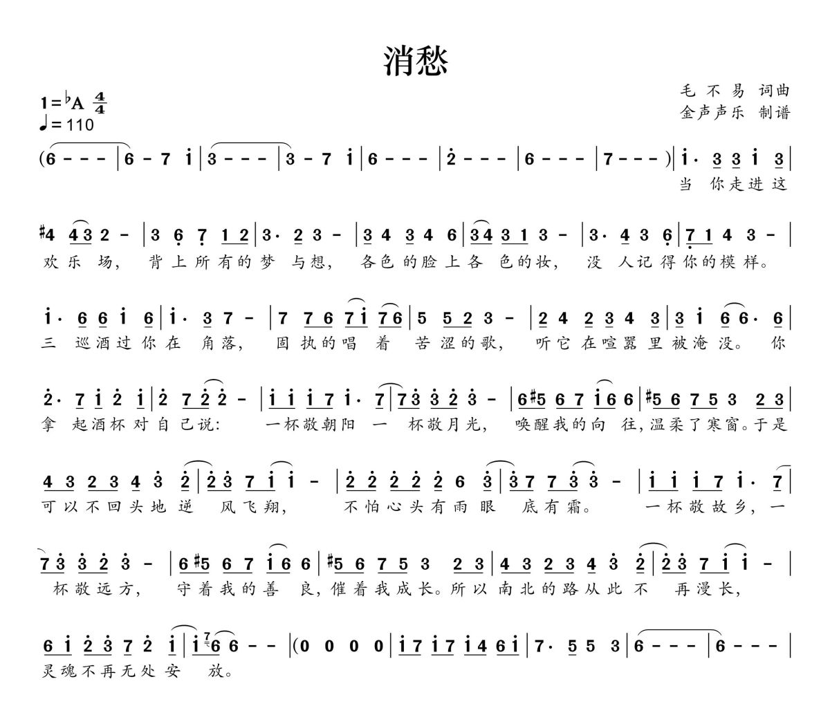 消愁简谱 毛不易《消愁》简谱+动态视频降A调