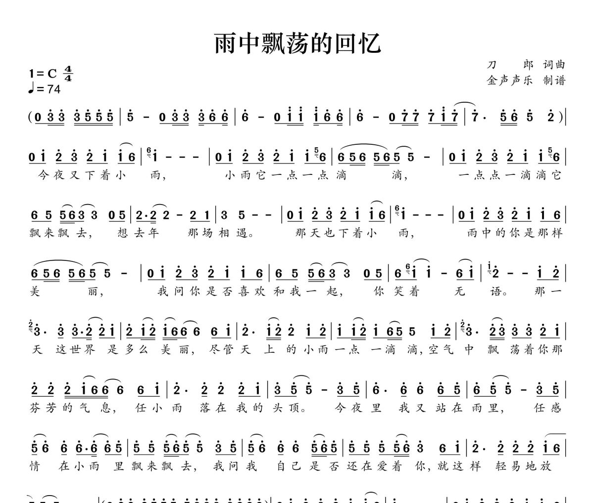 雨中飘荡的回忆简谱 刀郎《雨中飘荡的回忆》简谱+动态视频C调