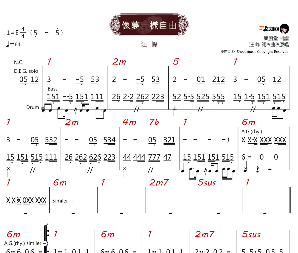 像梦一样自由简谱 汪峰-像梦一样自由简谱