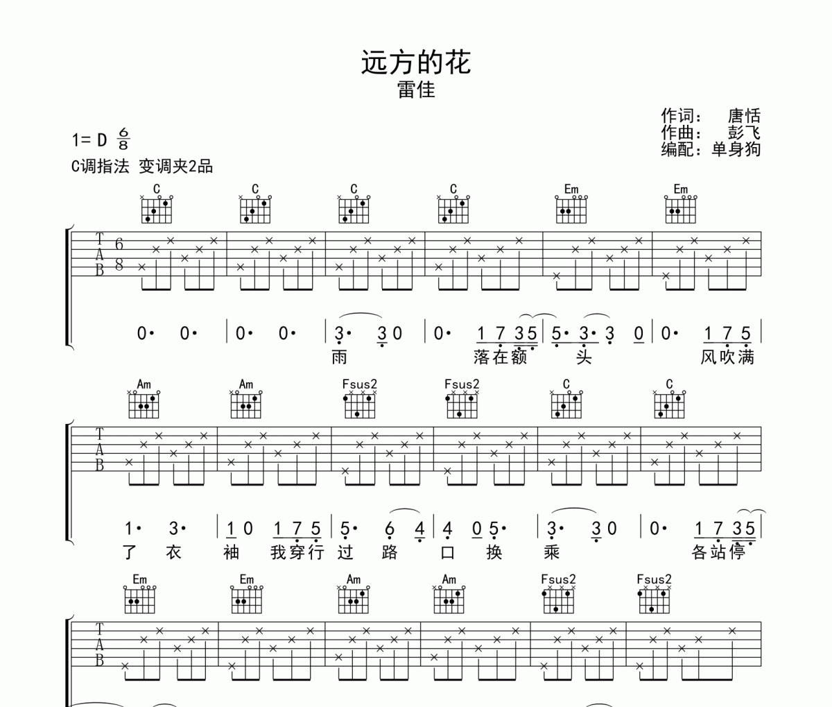 远方的花吉他谱 雷佳-远方的花C调六线谱|吉他谱