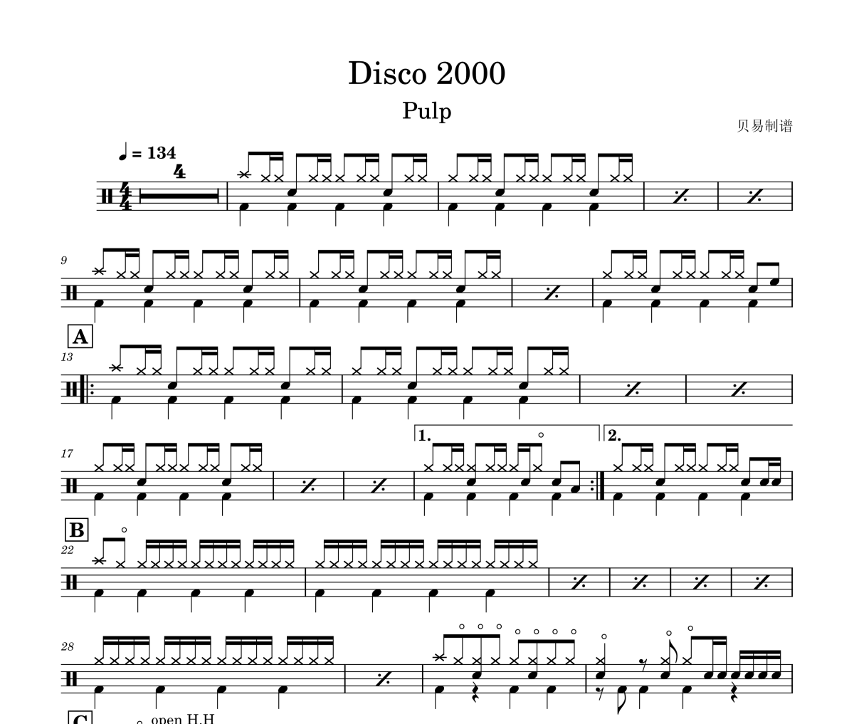 Disco 2000鼓谱 Pulp《Disco 2000》架子鼓|爵士鼓|鼓谱