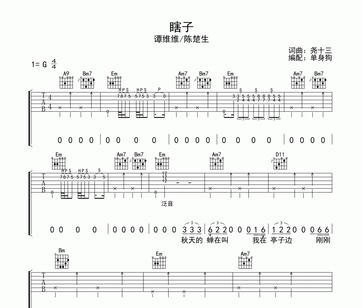 瞎子吉他谱 谭维维/陈楚生《瞎子》六线谱G调吉他谱