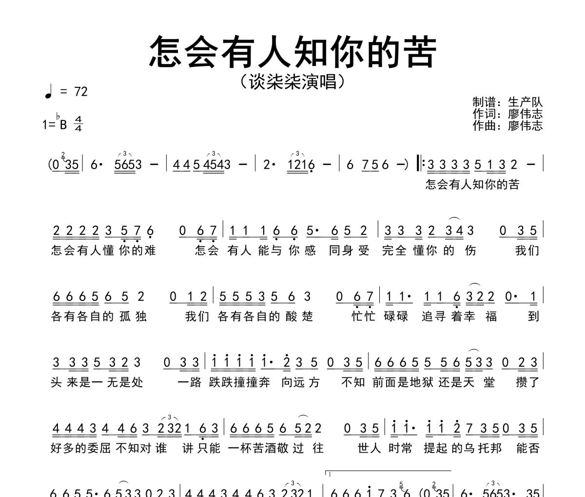 怎会有人知你的苦简谱 谈柒柒《怎会有人知你的苦》简谱降B调