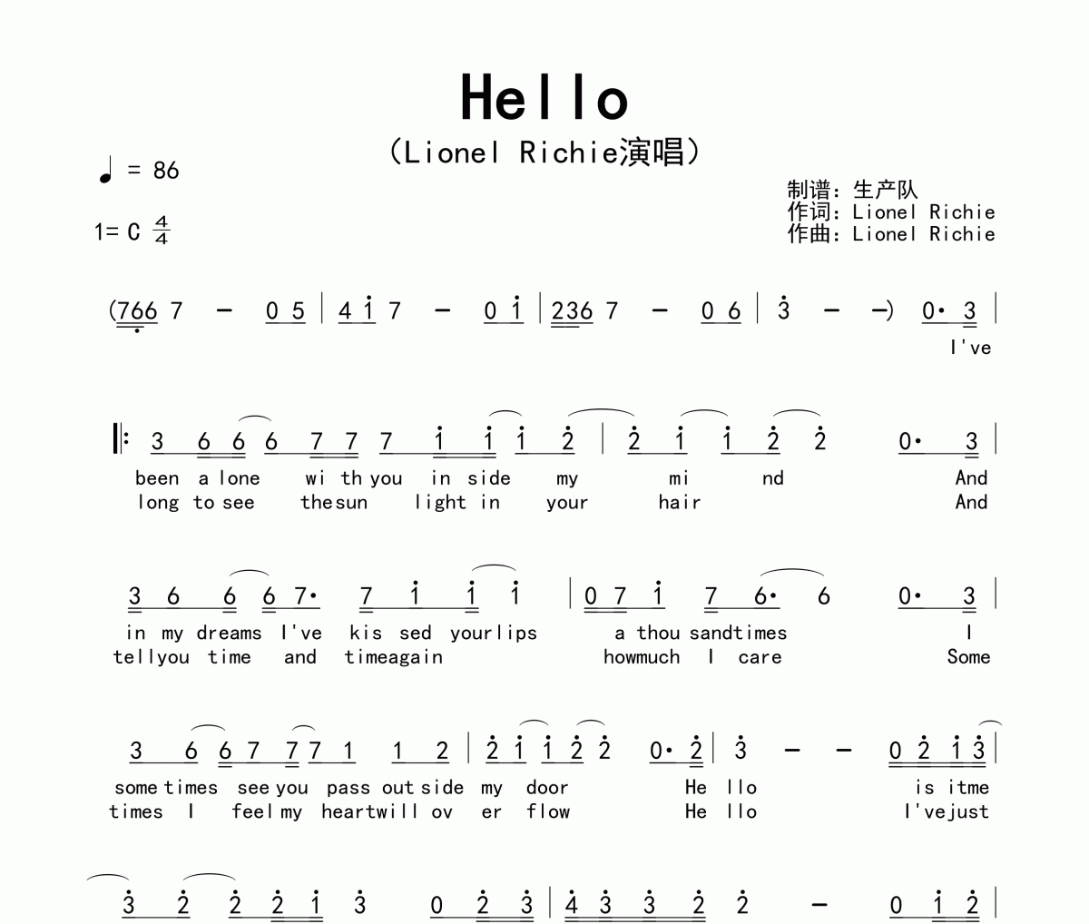 Hello简谱 Lionel Richie《Hello》简谱C调