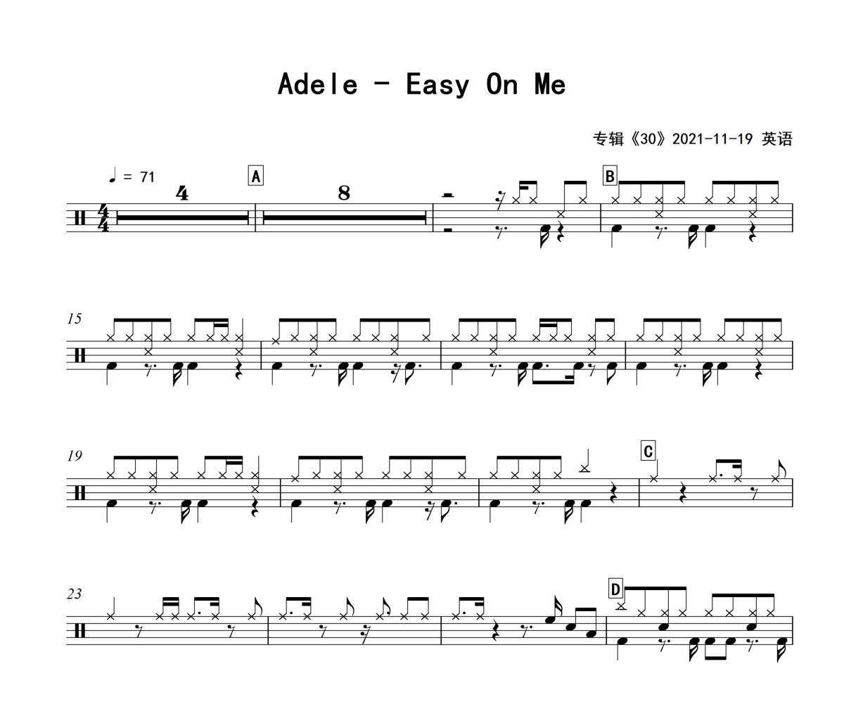 Easy On Me鼓谱 Adele《Easy On Me》(编配版)架子鼓|爵士鼓|鼓谱+动态视频