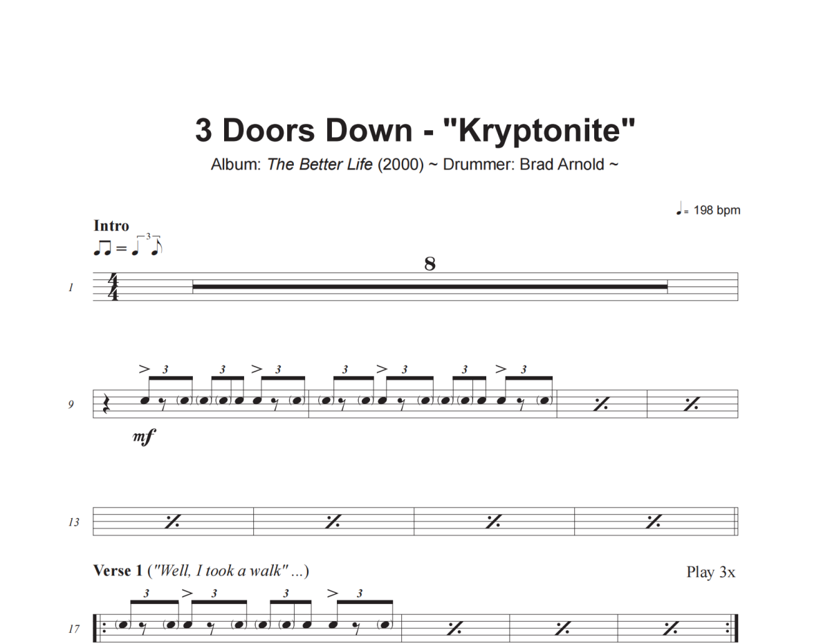 Kryptonite鼓谱 3 Doors Down《Kryptonite》架子鼓|爵士鼓|鼓谱+动态视频