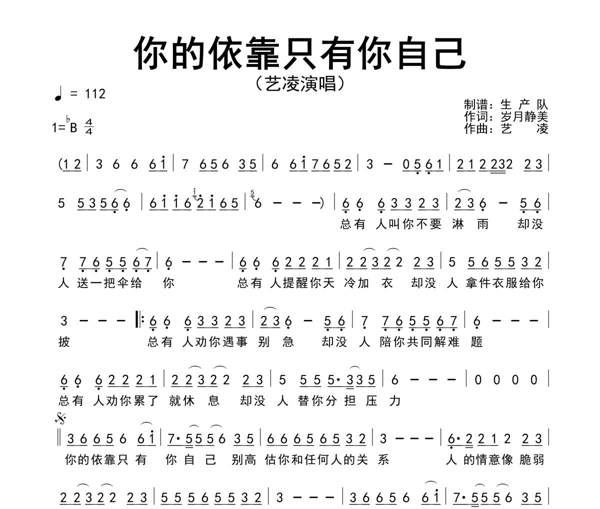 你的依靠只有你自己简谱 艺凌《你的依靠只有你自己》简谱降B调