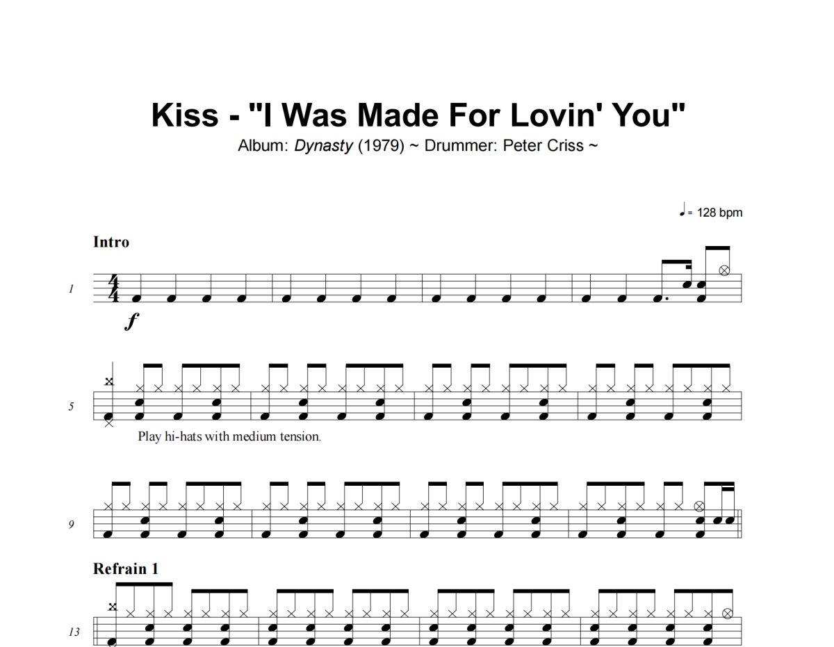 KISS《I Was Made For Lovin' You》架子鼓|爵士鼓|鼓谱+动态视频