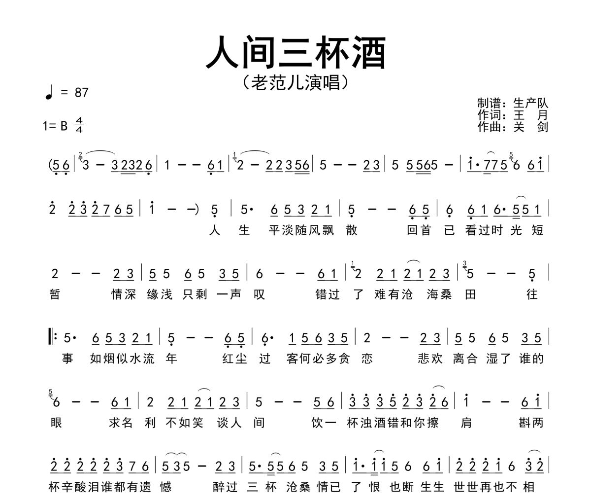 人间三杯酒简谱 老范儿《人间三杯酒》简谱