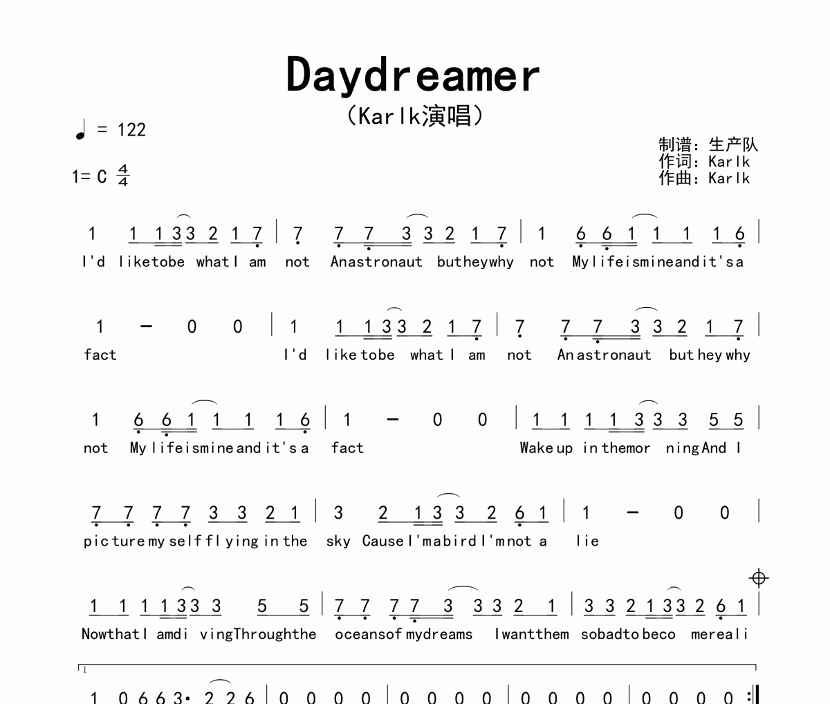 Daydreamer简谱 KarlK《Daydreamer》简谱C调