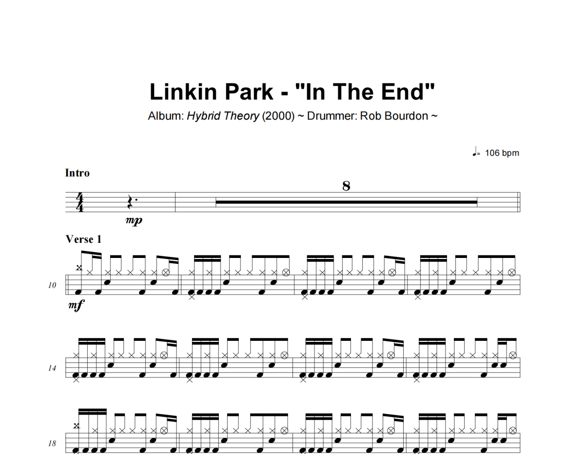 Linkin Park《In The End》架子鼓|爵士鼓|鼓谱+动态视频