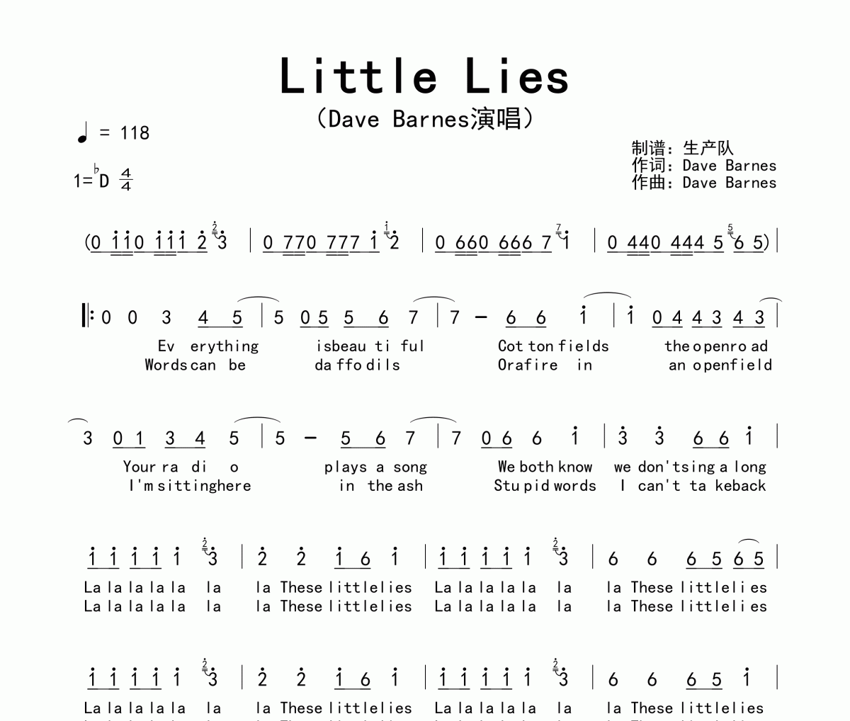 Little Lies简谱  Dave Barnes《Little Lies》简谱降D调