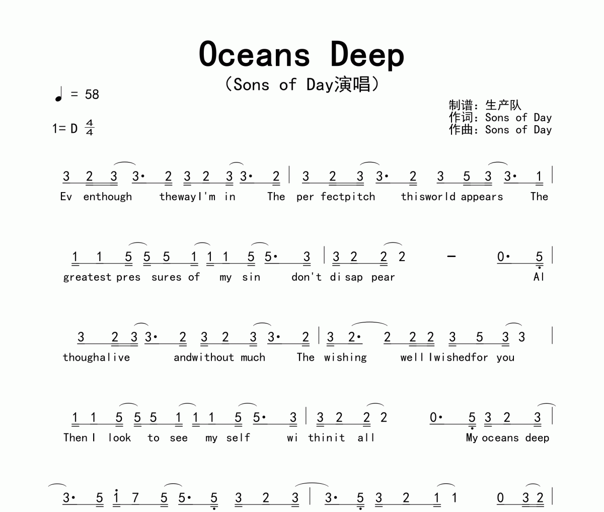 Oceans Deep简谱 Sons Of Day《Oceans Deep》简谱D调