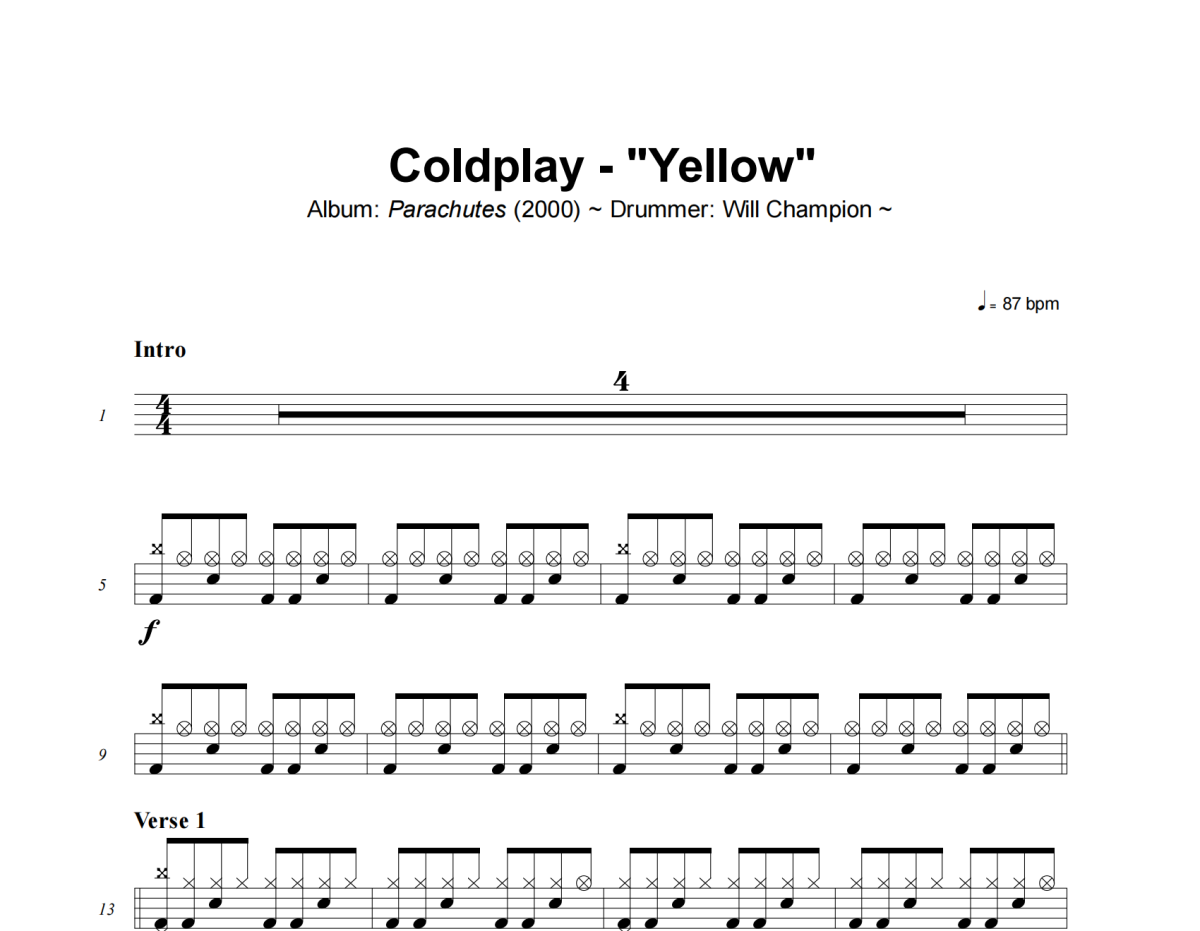 Yellow鼓谱 Coldplay-Yellow爵士鼓谱+动态视频