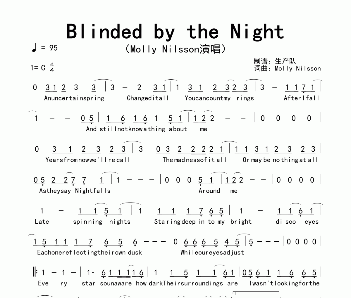 Molly Nilsson《Blinded by the Night》简谱C调