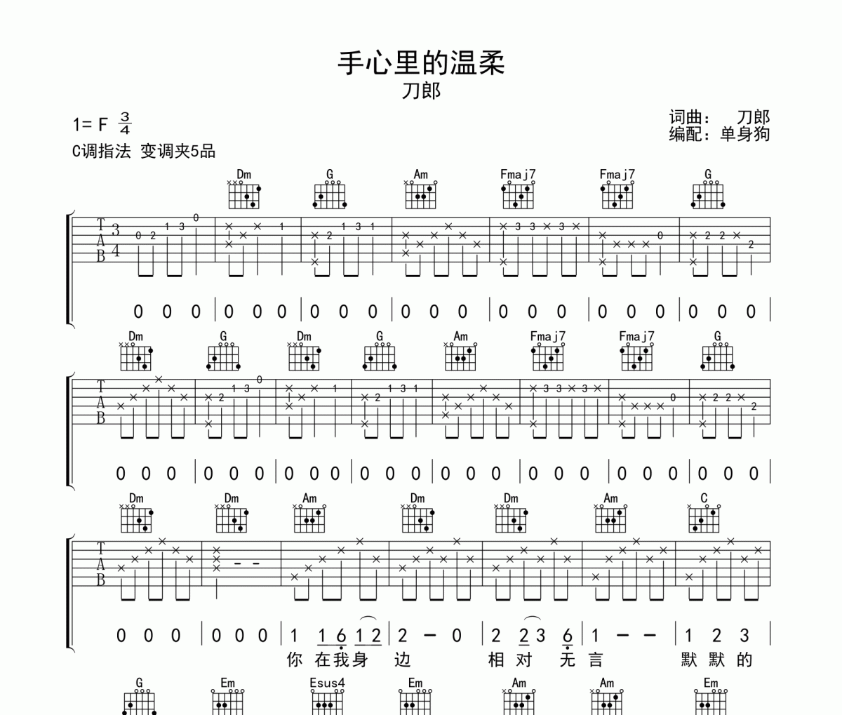 手心里的温柔吉他谱 刀郎《手心里的温柔》六线谱C调吉他谱